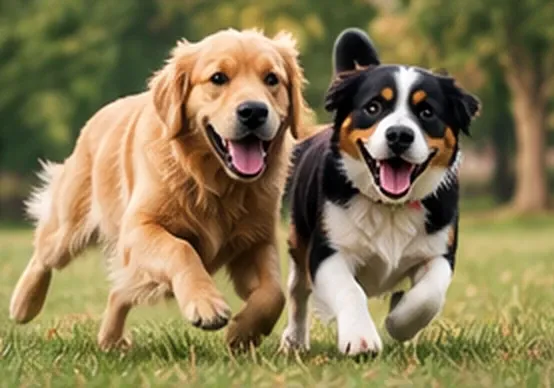 A Golden Retriever and a tricolor puppy running together across the grass