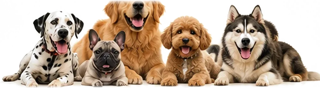 A Dalmatian, a French Bulldog, a Golden Retriever, a curly Poodle mix and a Husky lying side by side